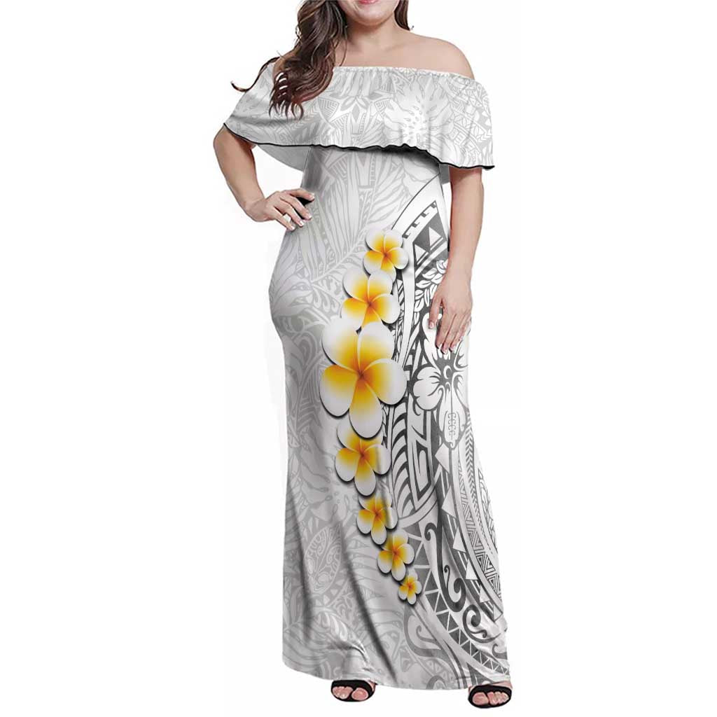 White Tropical Plumeria With Galaxy Polynesian Art Family Matching Off Shoulder Maxi Dress and Hawaiian Shirt LT14 Mom's Dress White - Polynesian Pride