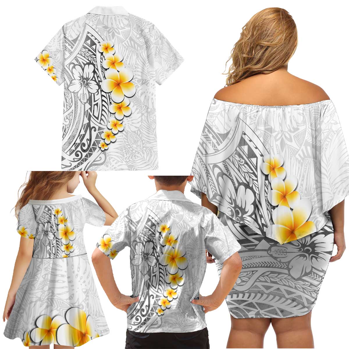 White Tropical Plumeria With Galaxy Polynesian Art Family Matching Off Shoulder Short Dress and Hawaiian Shirt LT14 - Polynesian Pride