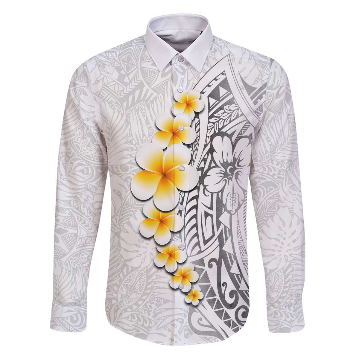 White Tropical Plumeria With Galaxy Polynesian Art Family Matching Off Shoulder Short Dress and Hawaiian Shirt LT14 Dad's Shirt - Long Sleeve White - Polynesian Pride