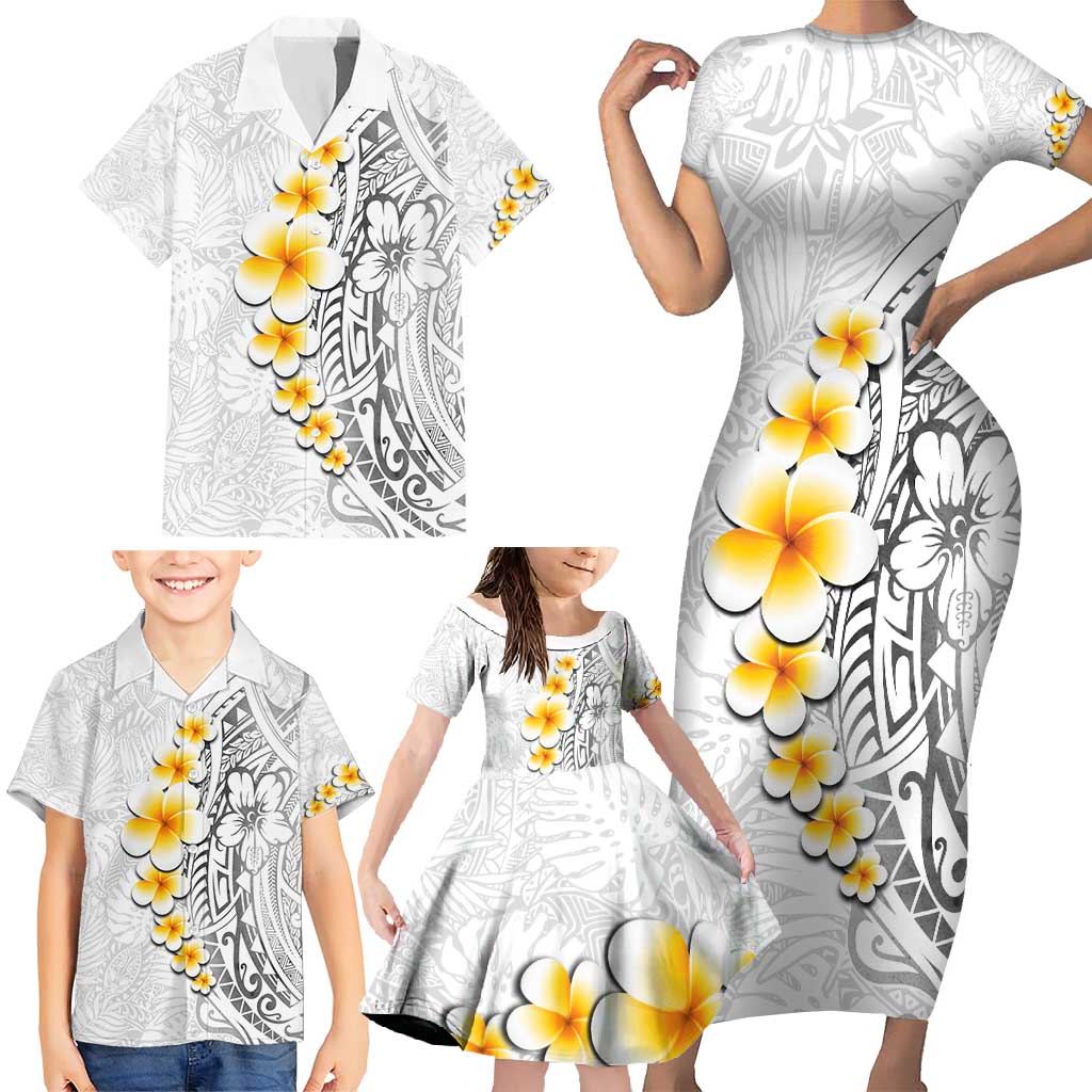 White Tropical Plumeria With Galaxy Polynesian Art Family Matching Short Sleeve Bodycon Dress and Hawaiian Shirt LT14 - Polynesian Pride