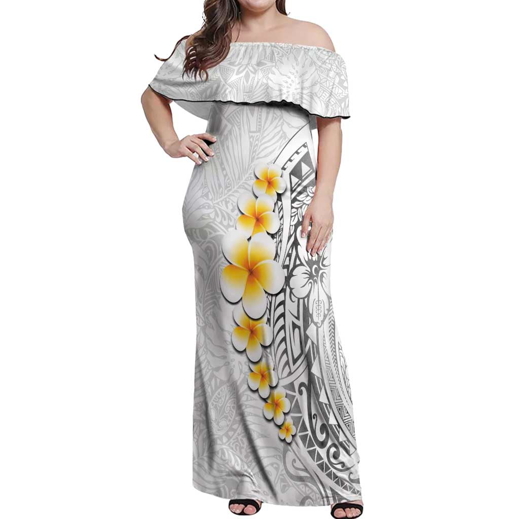 White Tropical Plumeria With Galaxy Polynesian Art Off Shoulder Maxi Dress