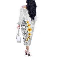 White Tropical Plumeria With Galaxy Polynesian Art Off The Shoulder Long Sleeve Dress LT14 - Polynesian Pride