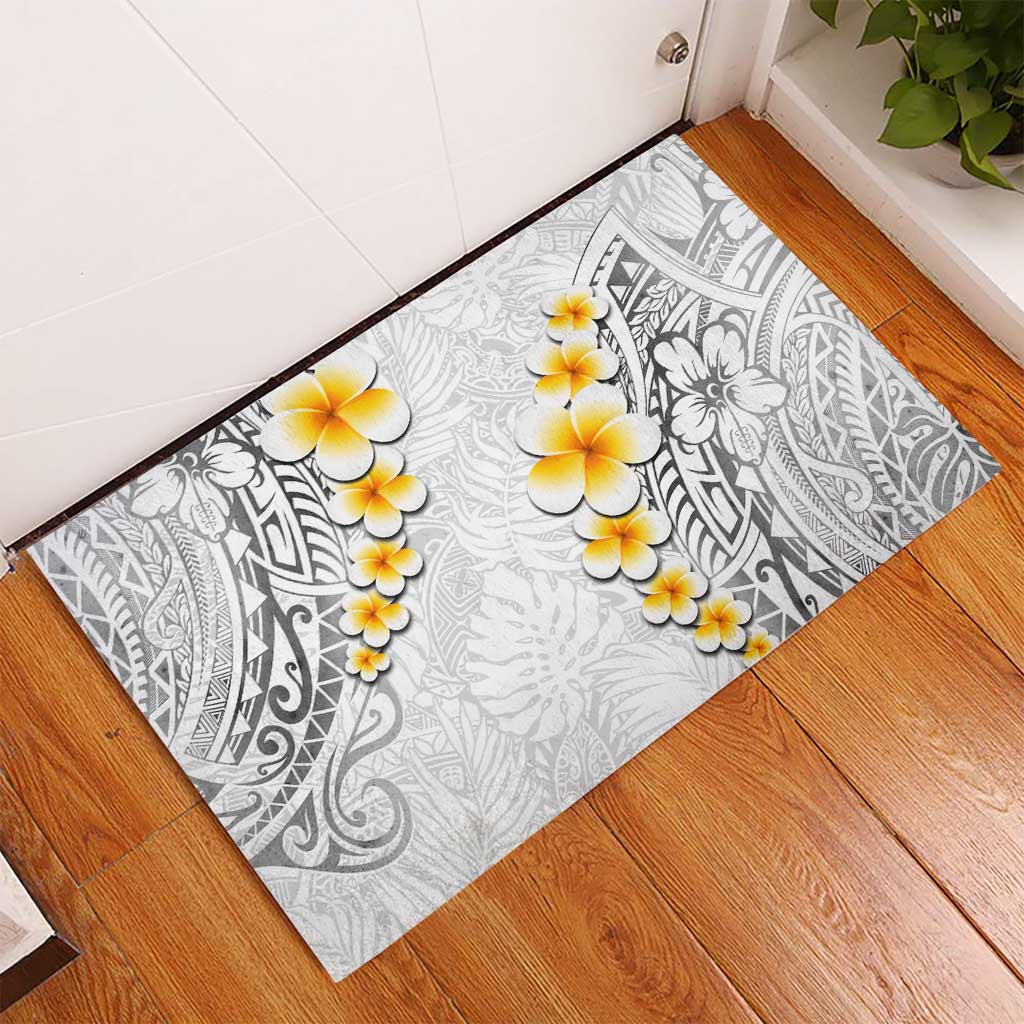 White Tropical Plumeria With Galaxy Polynesian Art Rubber Doormat