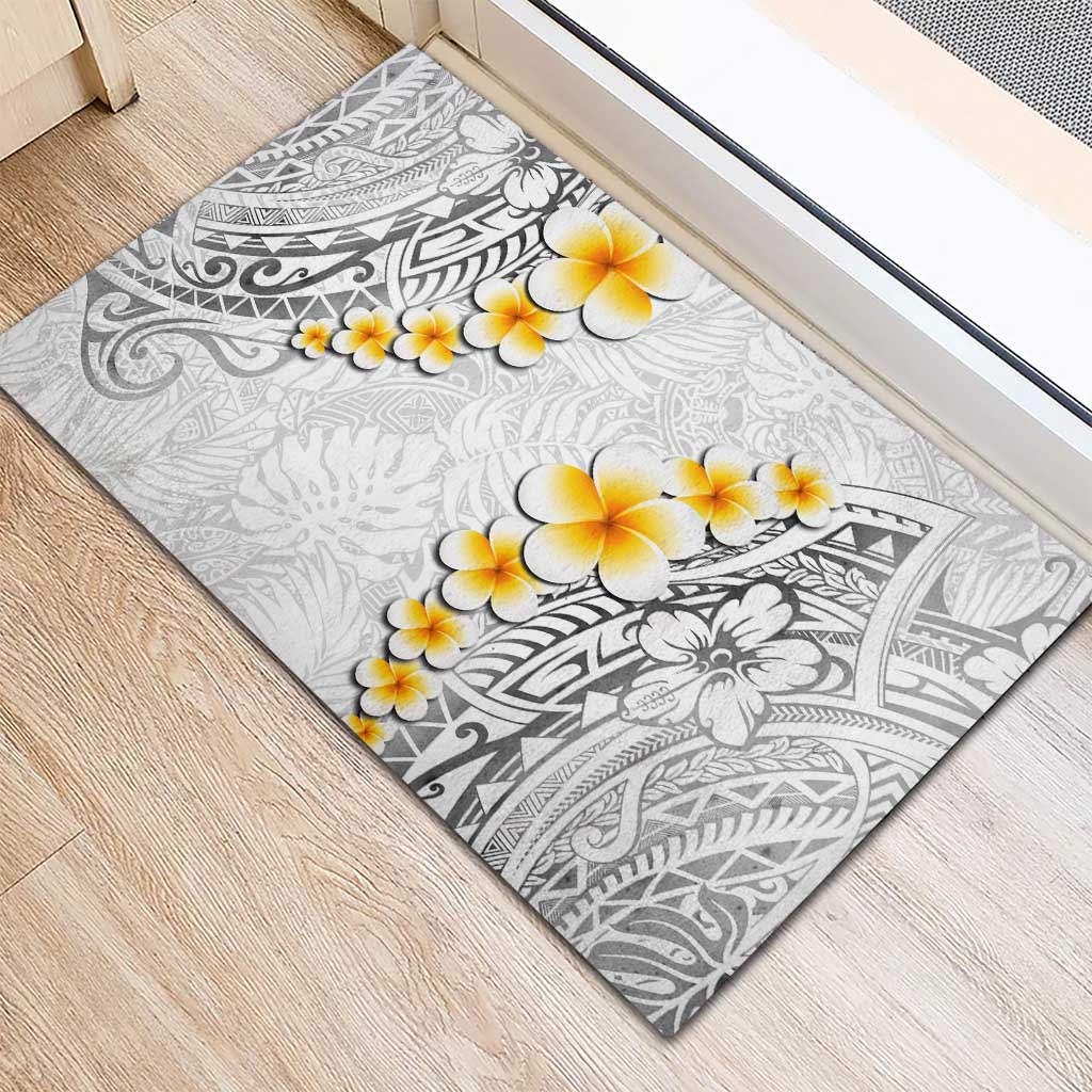 White Tropical Plumeria With Galaxy Polynesian Art Rubber Doormat