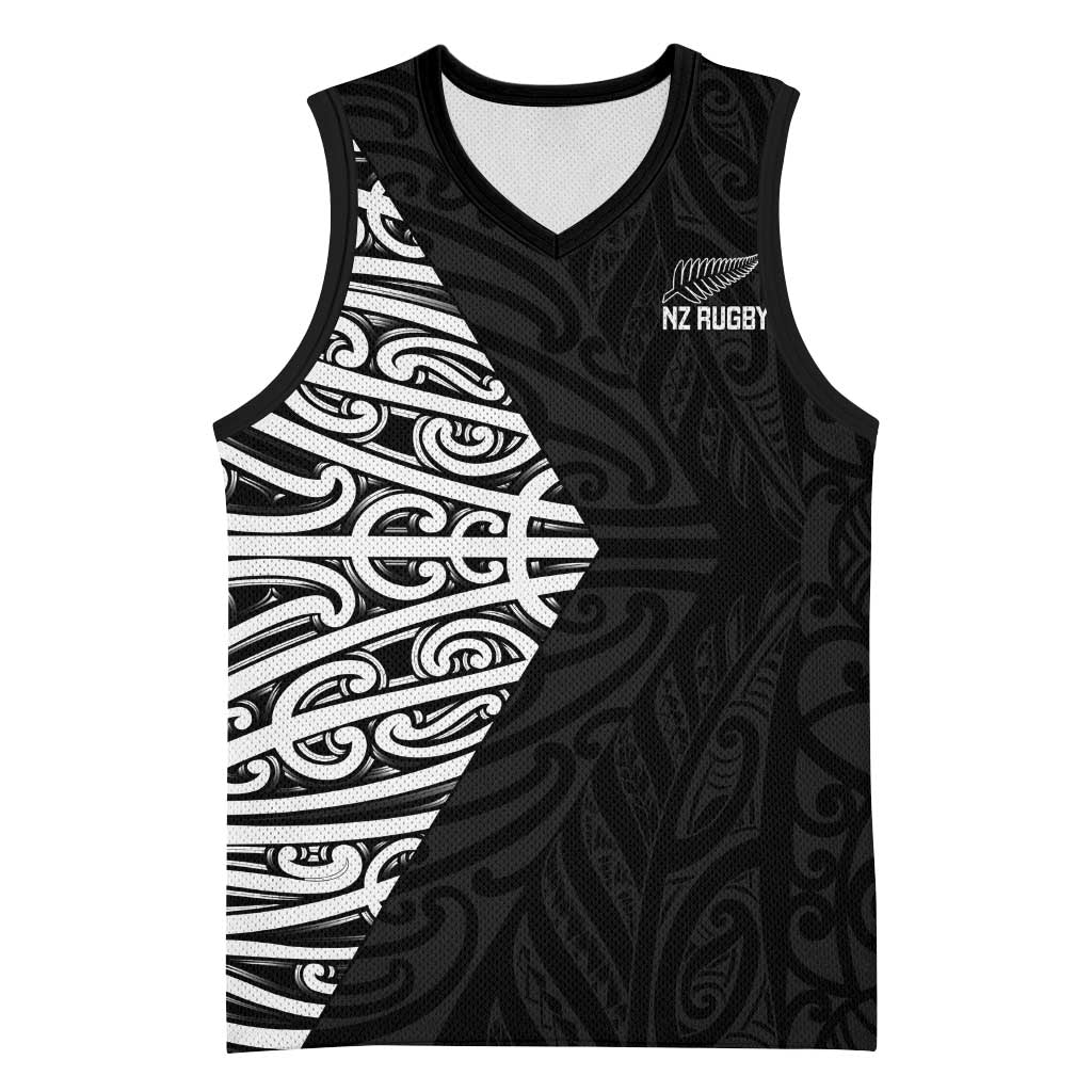 New Zealand Silver Fern Rugby Custom Basketball Jersey Maori Koru Go Black Fern - Polynesian Pride