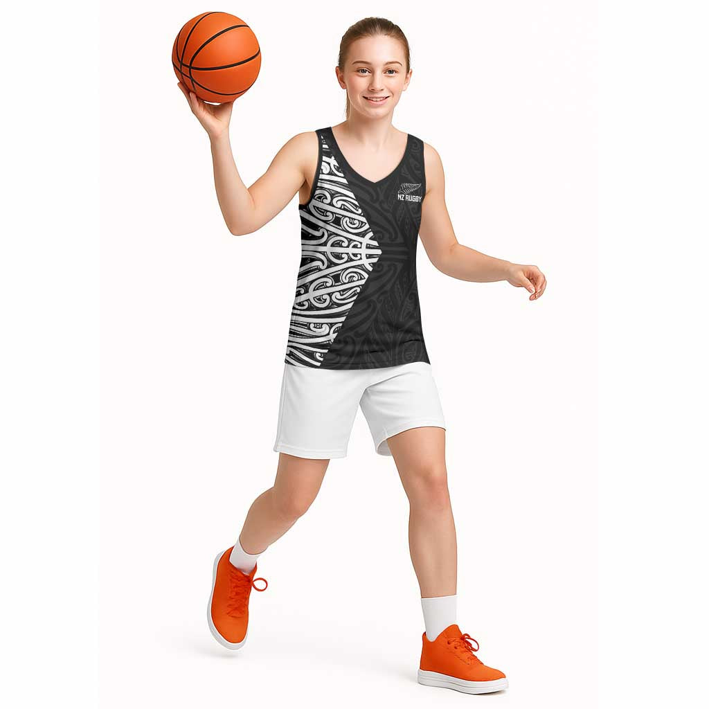 New Zealand Silver Fern Rugby Custom Basketball Jersey Maori Koru Go Black Fern - Polynesian Pride