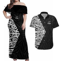New Zealand Silver Fern Rugby Custom Couples Matching Off Shoulder Maxi Dress and Hawaiian Shirt Maori Koru Go Black Fern LT14 Black - Polynesian Pride