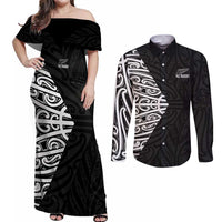 New Zealand Silver Fern Rugby Custom Couples Matching Off Shoulder Maxi Dress and Long Sleeve Button Shirt Maori Koru Go Black Fern LT14 Black - Polynesian Pride