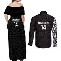 New Zealand Silver Fern Rugby Custom Couples Matching Off Shoulder Maxi Dress and Long Sleeve Button Shirt Maori Koru Go Black Fern LT14 - Polynesian Pride