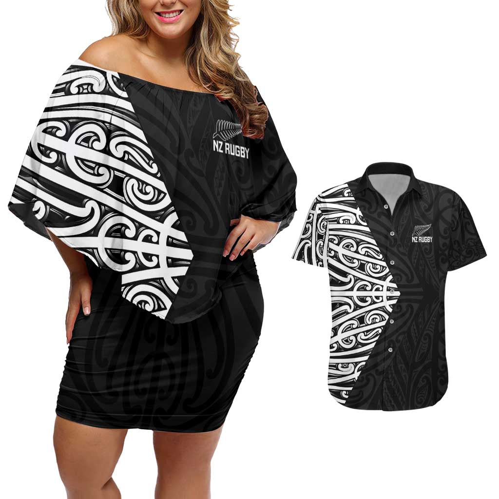 New Zealand Silver Fern Rugby Custom Couples Matching Off Shoulder Short Dress and Hawaiian Shirt Maori Koru Go Black Fern LT14 Black - Polynesian Pride