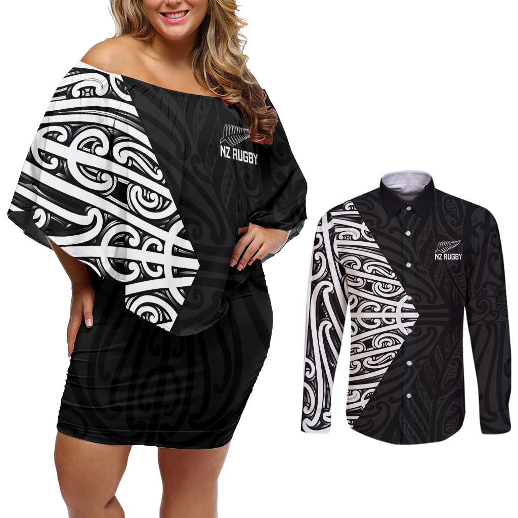 New Zealand Silver Fern Rugby Custom Couples Matching Off Shoulder Short Dress and Long Sleeve Button Shirt Maori Koru Go Black Fern - Polynesian Pride