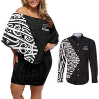 New Zealand Silver Fern Rugby Custom Couples Matching Off Shoulder Short Dress and Long Sleeve Button Shirt Maori Koru Go Black Fern LT14 Black - Polynesian Pride