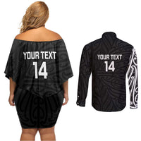 New Zealand Silver Fern Rugby Custom Couples Matching Off Shoulder Short Dress and Long Sleeve Button Shirt Maori Koru Go Black Fern LT14 - Polynesian Pride