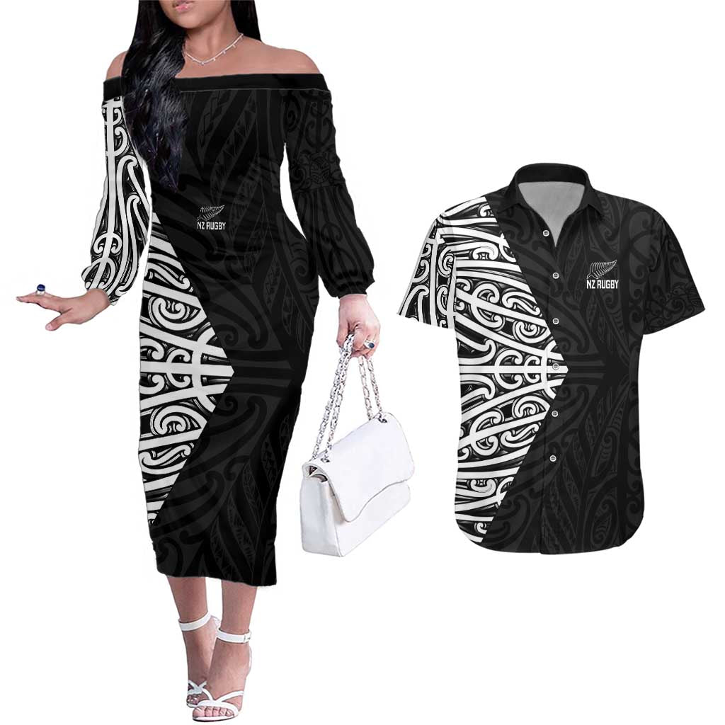 New Zealand Silver Fern Rugby Custom Couples Matching Off The Shoulder Long Sleeve Dress and Hawaiian Shirt Maori Koru Go Black Fern LT14 Black - Polynesian Pride