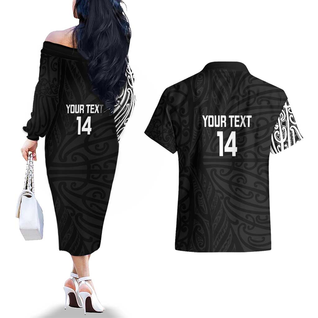 New Zealand Silver Fern Rugby Custom Couples Matching Off The Shoulder Long Sleeve Dress and Hawaiian Shirt Maori Koru Go Black Fern LT14 - Polynesian Pride