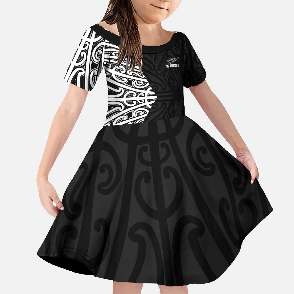 New Zealand Silver Fern Rugby Custom Family Matching Long Sleeve Bodycon Dress and Hawaiian Shirt Maori Koru Go Black Fern LT14 Daughter's Dress Black - Polynesian Pride