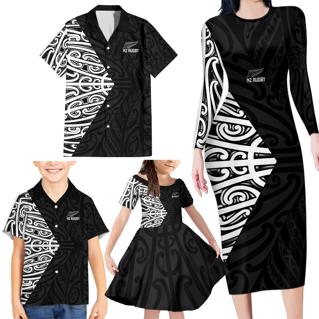 New Zealand Silver Fern Rugby Custom Family Matching Long Sleeve Bodycon Dress and Hawaiian Shirt Maori Koru Go Black Fern LT14 - Polynesian Pride