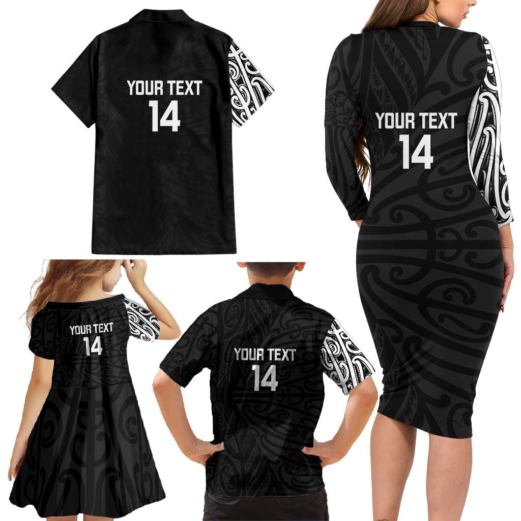 New Zealand Silver Fern Rugby Custom Family Matching Long Sleeve Bodycon Dress and Hawaiian Shirt Maori Koru Go Black Fern LT14 - Polynesian Pride