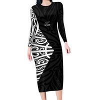 New Zealand Silver Fern Rugby Custom Family Matching Long Sleeve Bodycon Dress and Hawaiian Shirt Maori Koru Go Black Fern LT14 Mom's Dress Black - Polynesian Pride