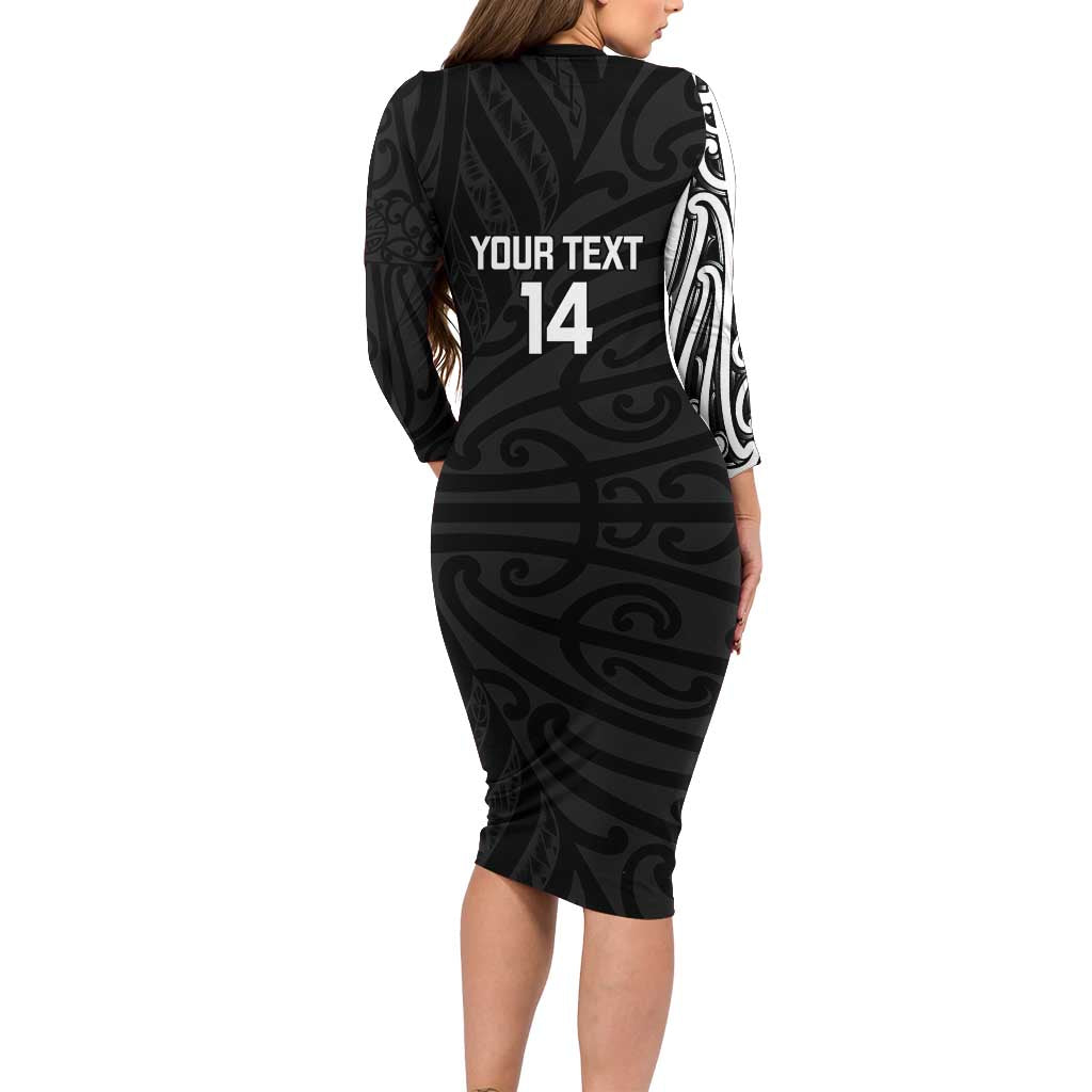 New Zealand Silver Fern Rugby Custom Family Matching Long Sleeve Bodycon Dress and Hawaiian Shirt Maori Koru Go Black Fern LT14 - Polynesian Pride