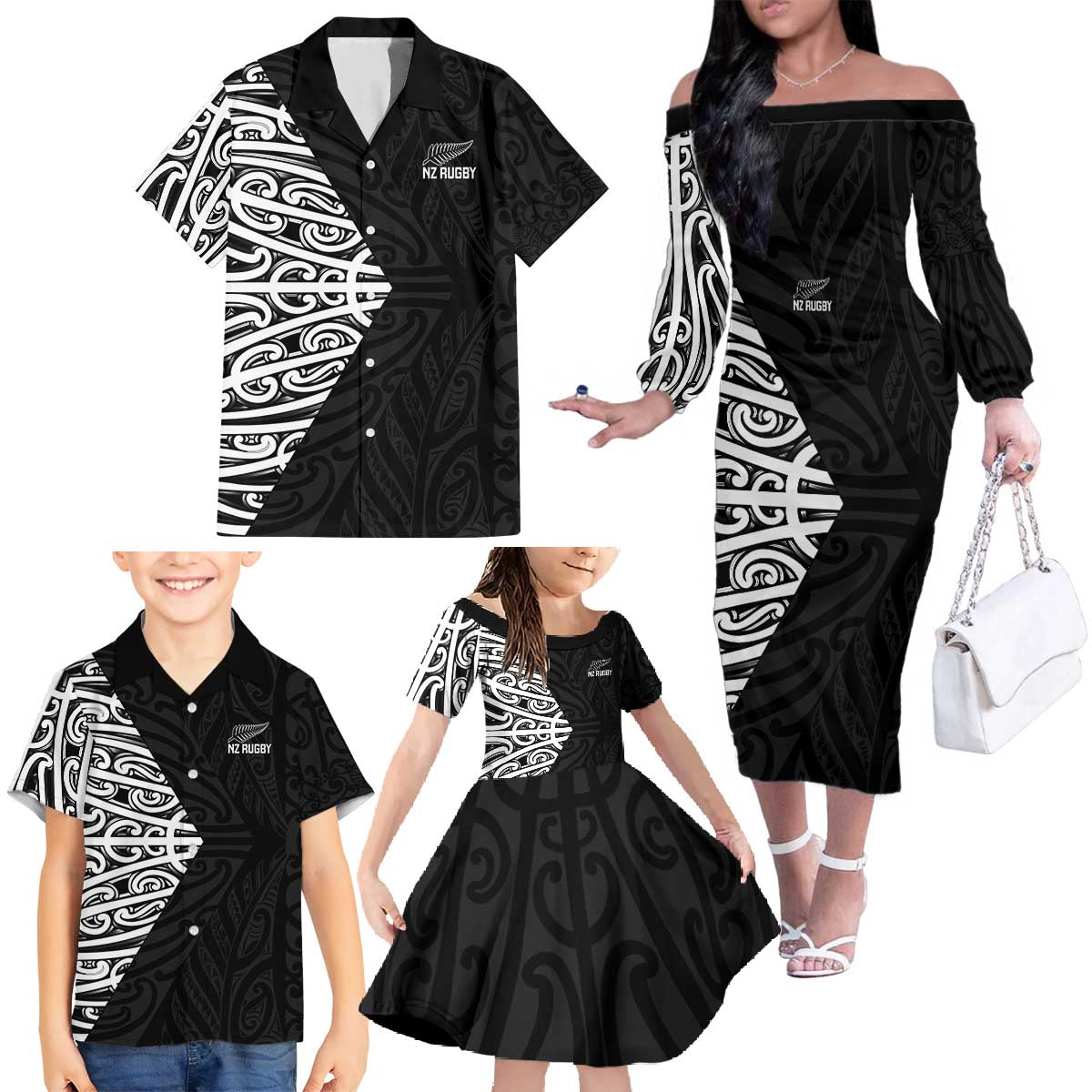 New Zealand Silver Fern Rugby Custom Family Matching Off The Shoulder Long Sleeve Dress and Hawaiian Shirt Maori Koru Go Black Fern LT14 - Polynesian Pride