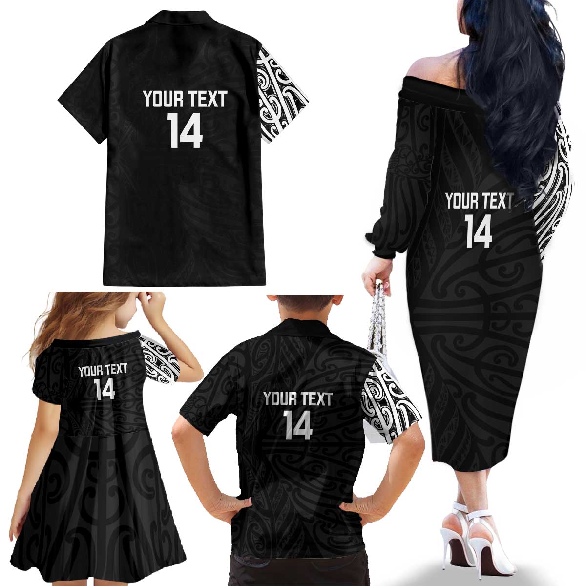New Zealand Silver Fern Rugby Custom Family Matching Off The Shoulder Long Sleeve Dress and Hawaiian Shirt Maori Koru Go Black Fern LT14 - Polynesian Pride