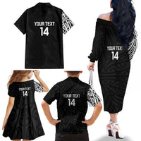 New Zealand Silver Fern Rugby Custom Family Matching Off The Shoulder Long Sleeve Dress and Hawaiian Shirt Maori Koru Go Black Fern LT14 - Polynesian Pride