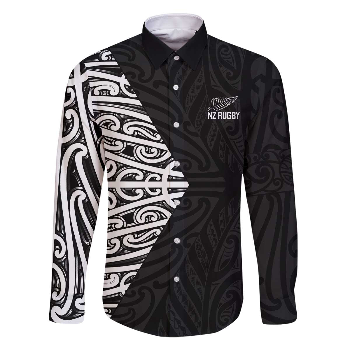 New Zealand Silver Fern Rugby Custom Family Matching Off The Shoulder Long Sleeve Dress and Hawaiian Shirt Maori Koru Go Black Fern LT14 Dad's Shirt - Long Sleeve Black - Polynesian Pride