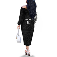 New Zealand Silver Fern Rugby Custom Family Matching Off The Shoulder Long Sleeve Dress and Hawaiian Shirt Maori Koru Go Black Fern LT14 - Polynesian Pride