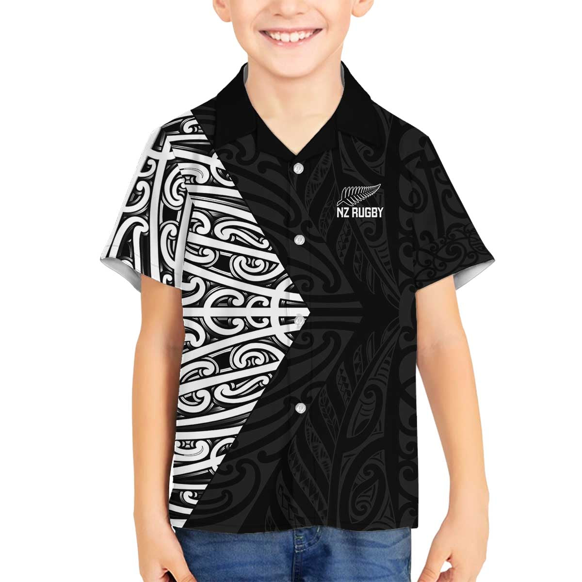 New Zealand Silver Fern Rugby Custom Family Matching Off The Shoulder Long Sleeve Dress and Hawaiian Shirt Maori Koru Go Black Fern LT14 Son's Shirt Black - Polynesian Pride