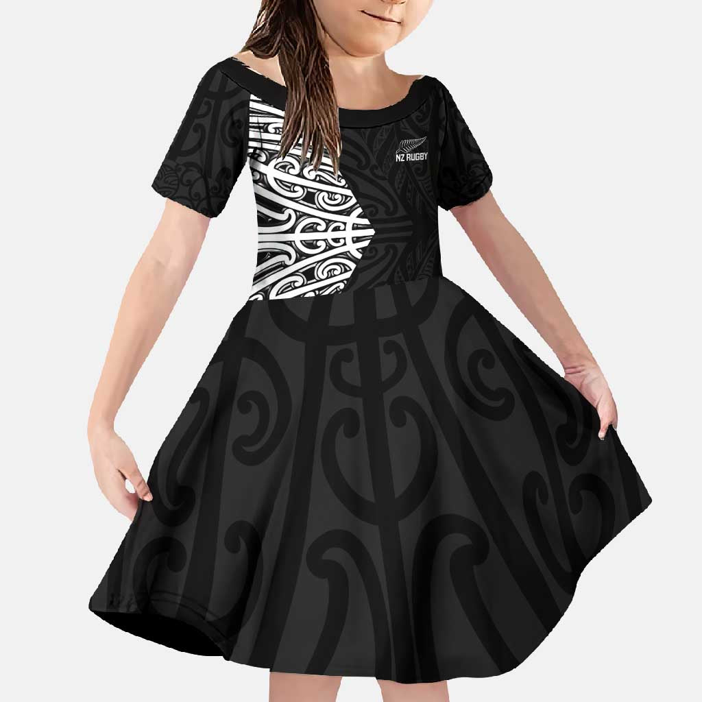 New Zealand Silver Fern Rugby Custom Family Matching Off Shoulder Maxi Dress and Hawaiian Shirt Maori Koru Go Black Fern LT14 Daughter's Dress Black - Polynesian Pride
