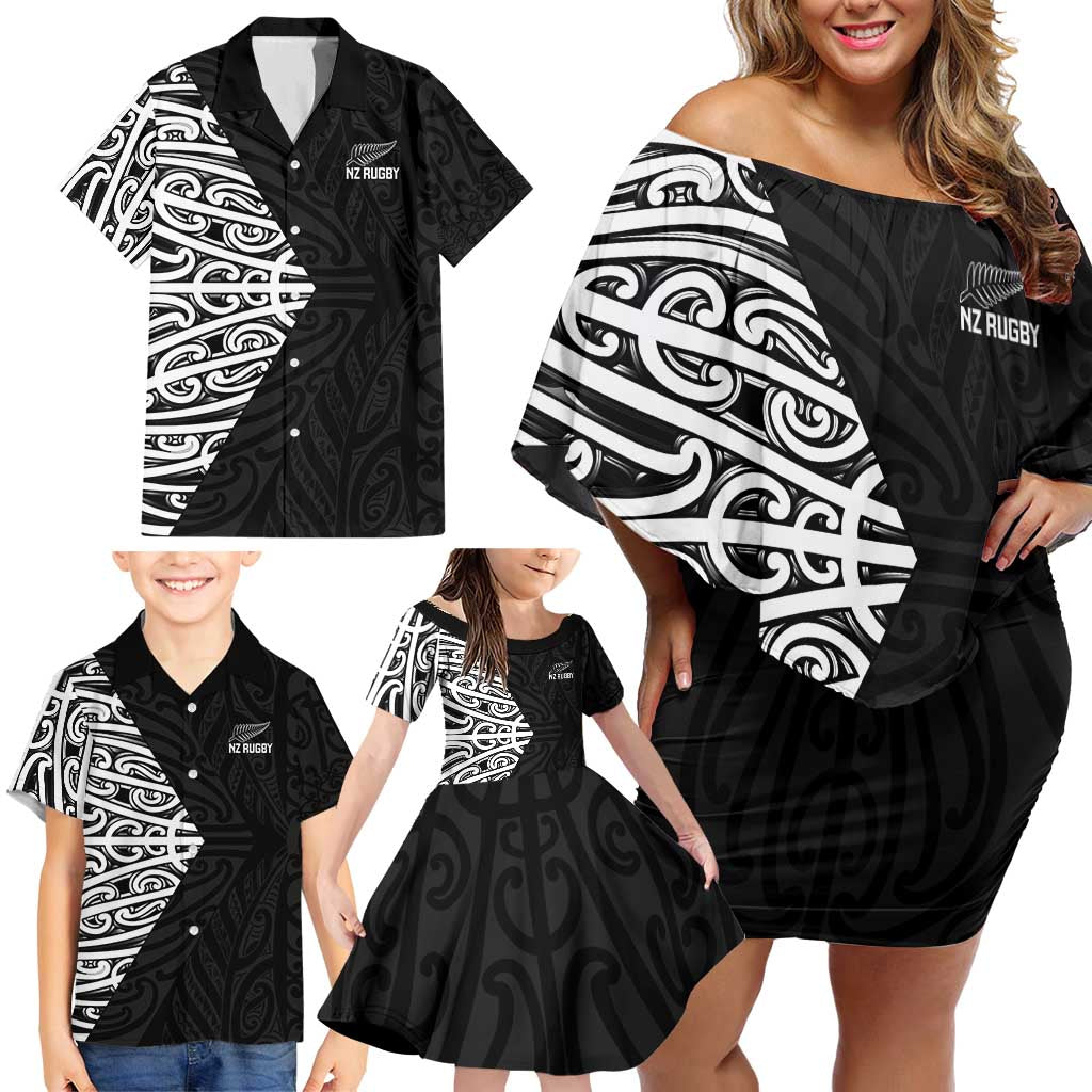 New Zealand Silver Fern Rugby Custom Family Matching Off Shoulder Short Dress and Hawaiian Shirt Maori Koru Go Black Fern LT14 - Polynesian Pride