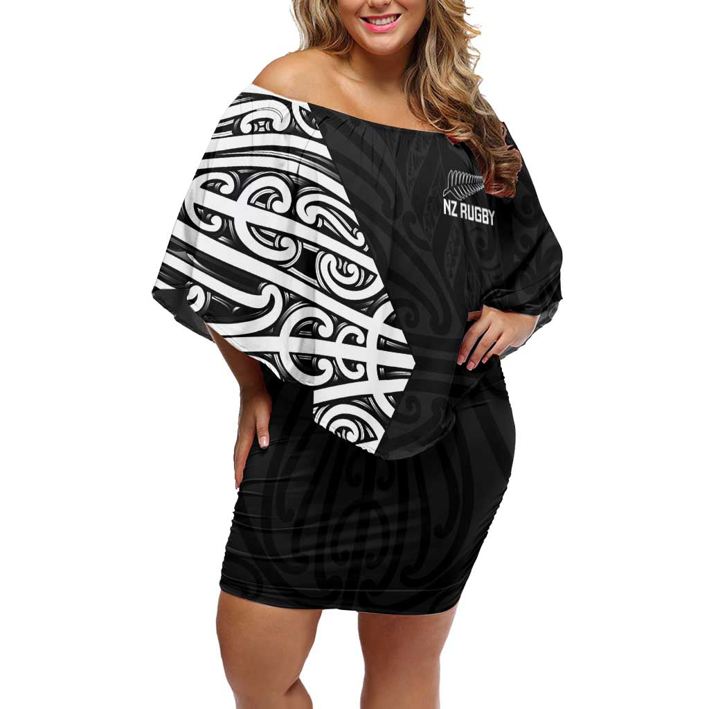 New Zealand Silver Fern Rugby Custom Family Matching Off Shoulder Short Dress and Hawaiian Shirt Maori Koru Go Black Fern LT14 Mom's Dress Black - Polynesian Pride