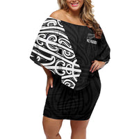 New Zealand Silver Fern Rugby Custom Family Matching Off Shoulder Short Dress and Hawaiian Shirt Maori Koru Go Black Fern LT14 Mom's Dress Black - Polynesian Pride