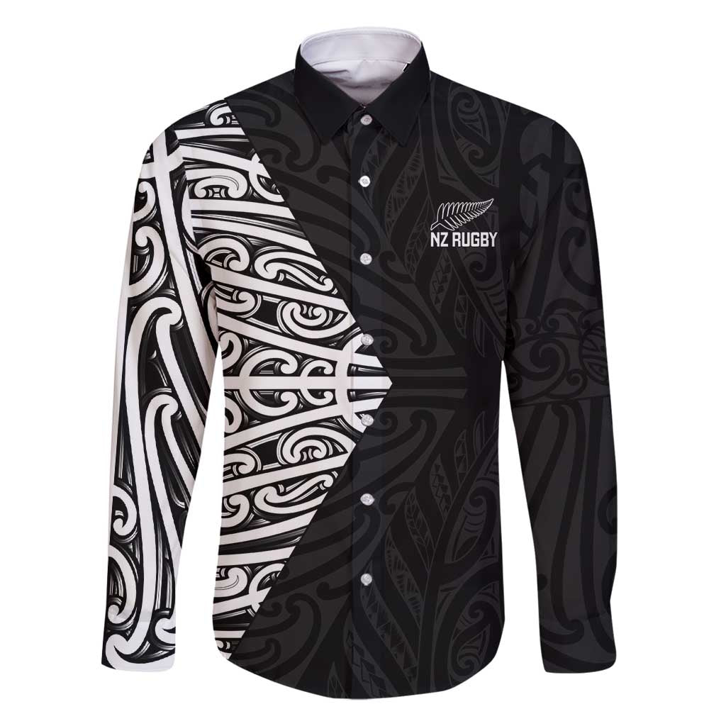 New Zealand Silver Fern Rugby Custom Family Matching Tank Maxi Dress and Hawaiian Shirt Maori Koru Go Black Fern LT14 Dad's Shirt - Long Sleeve Black - Polynesian Pride