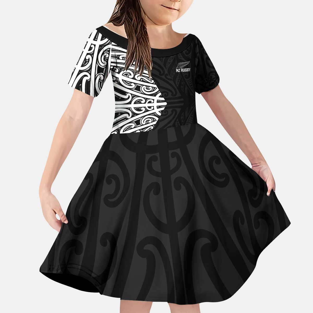 New Zealand Silver Fern Rugby Custom Kid Short Sleeve Dress Maori Koru Go Black Fern LT14 KID Black - Polynesian Pride