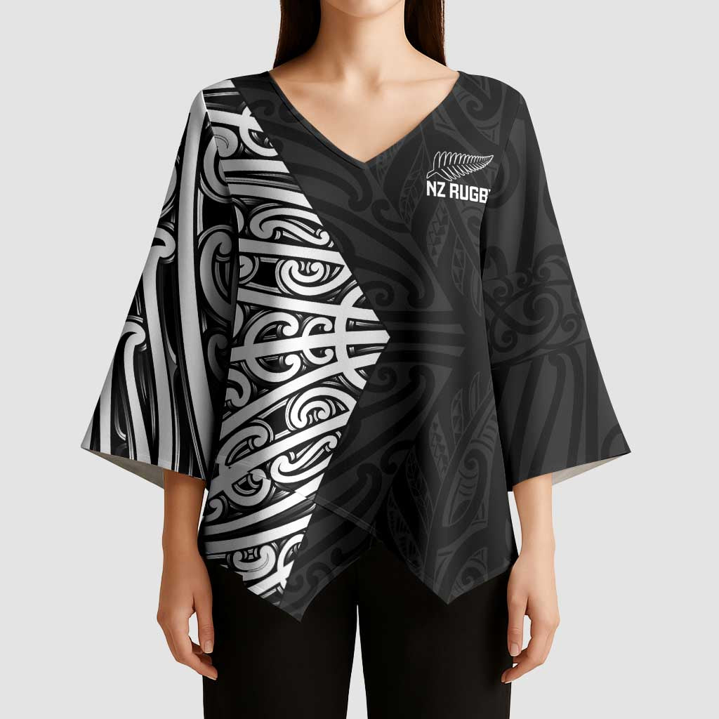 New Zealand Silver Fern Rugby Custom Kimono Sleeve Blouse Maori Koru Go Black Fern LT14 - Polynesian Pride