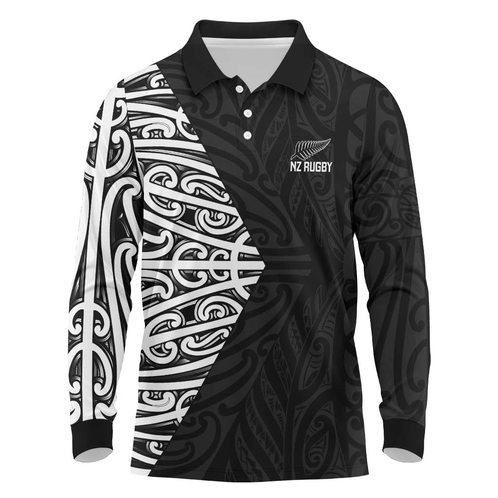 New Zealand Silver Fern Rugby Custom Long Sleeve Polo Shirt Maori Koru Go Black Fern LT14 Black - Polynesian Pride
