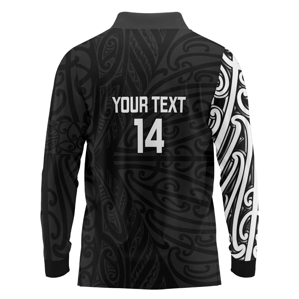 New Zealand Silver Fern Rugby Custom Long Sleeve Polo Shirt Maori Koru Go Black Fern LT14 - Polynesian Pride