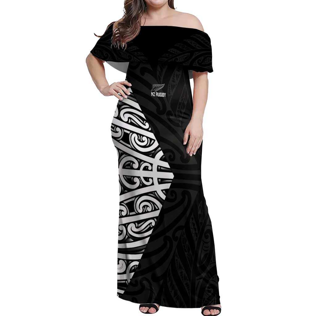 New Zealand Silver Fern Rugby Custom Off Shoulder Maxi Dress Maori Koru Go Black Fern LT14 Women Black - Polynesian Pride