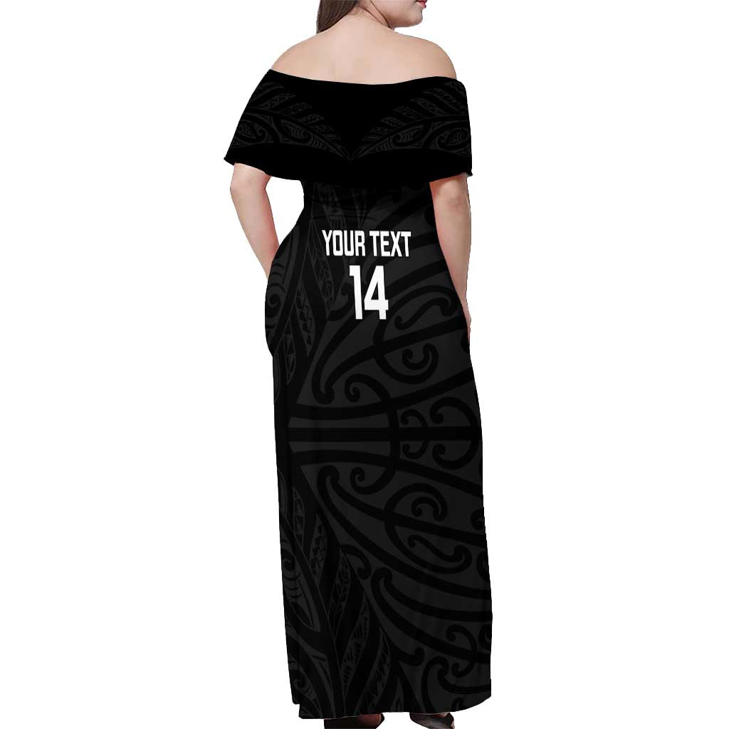 New Zealand Silver Fern Rugby Custom Off Shoulder Maxi Dress Maori Koru Go Black Fern LT14 - Polynesian Pride