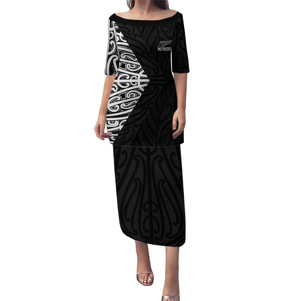 New Zealand Silver Fern Rugby Custom Puletasi Maori Koru Go Black Fern LT14 Long Dress Black - Polynesian Pride