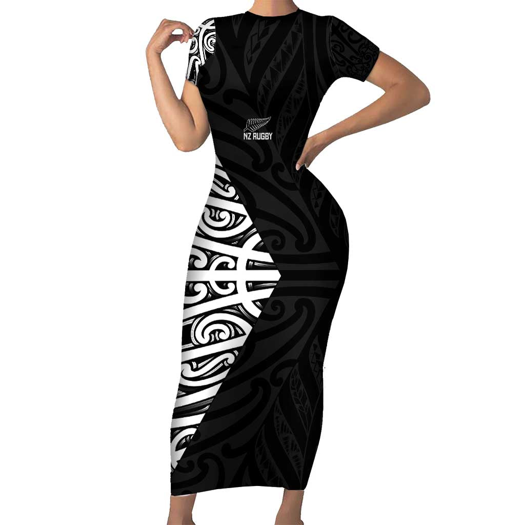 New Zealand Silver Fern Rugby Custom Short Sleeve Bodycon Dress Maori Koru Go Black Fern LT14 Long Dress Black - Polynesian Pride