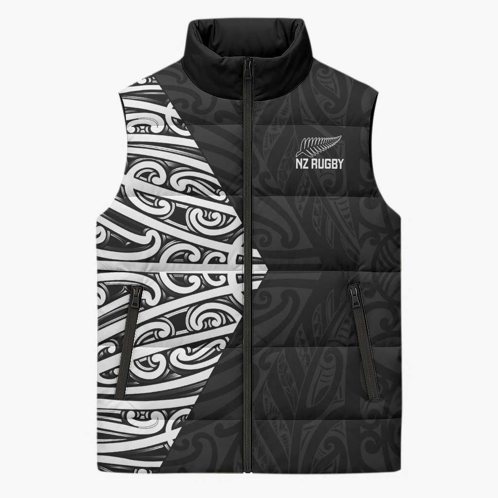 New Zealand Silver Fern Rugby Custom Sleeveless Puffer Jacket Maori Koru Go Black Fern - Polynesian Pride