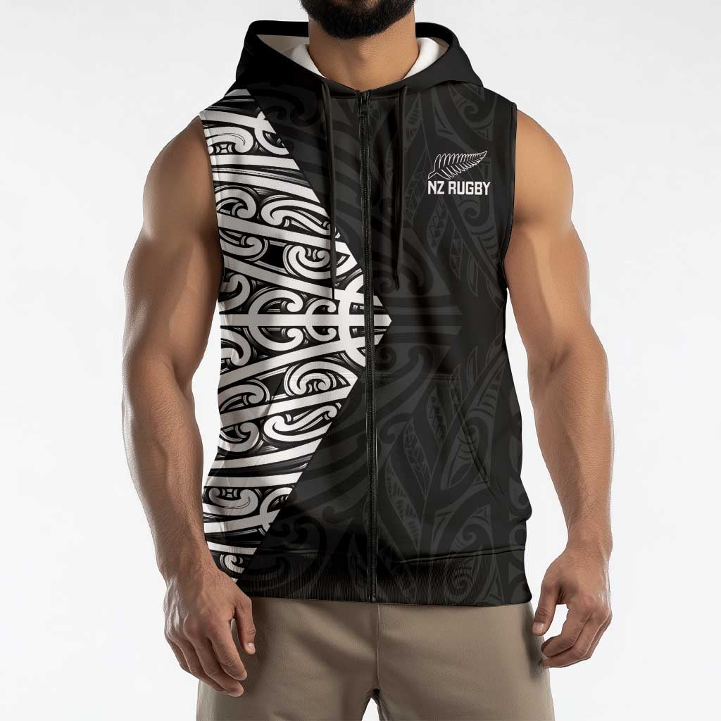 New Zealand Silver Fern Rugby Custom Sleeveless Zip Hoodie Maori Koru Go Black Fern LT14 - Polynesian Pride