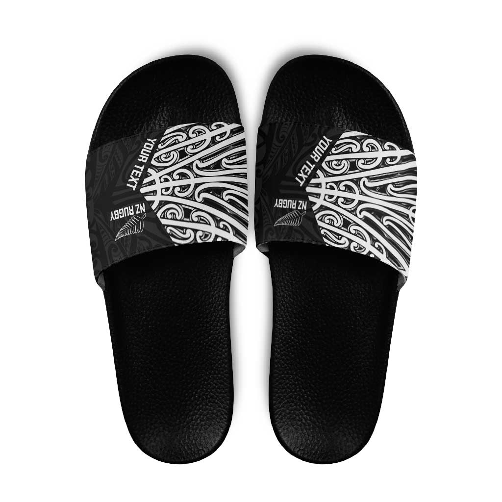 New Zealand Silver Fern Rugby Custom Slide Sandals Maori Koru Go Black Fern LT14 Black - Polynesian Pride