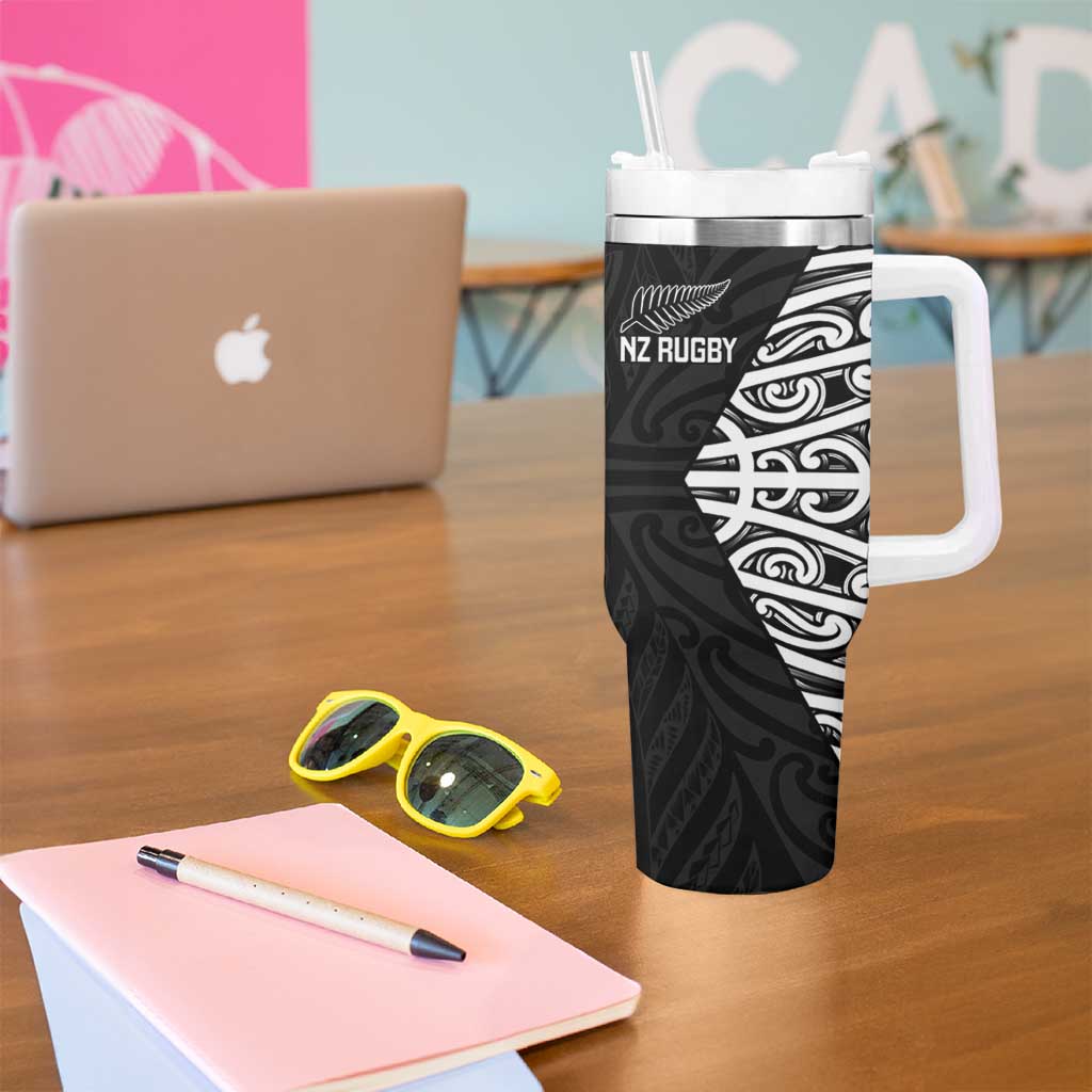 New Zealand Silver Fern Rugby Custom Tumbler With Handle Maori Koru Go Black Fern LT14 - Polynesian Pride