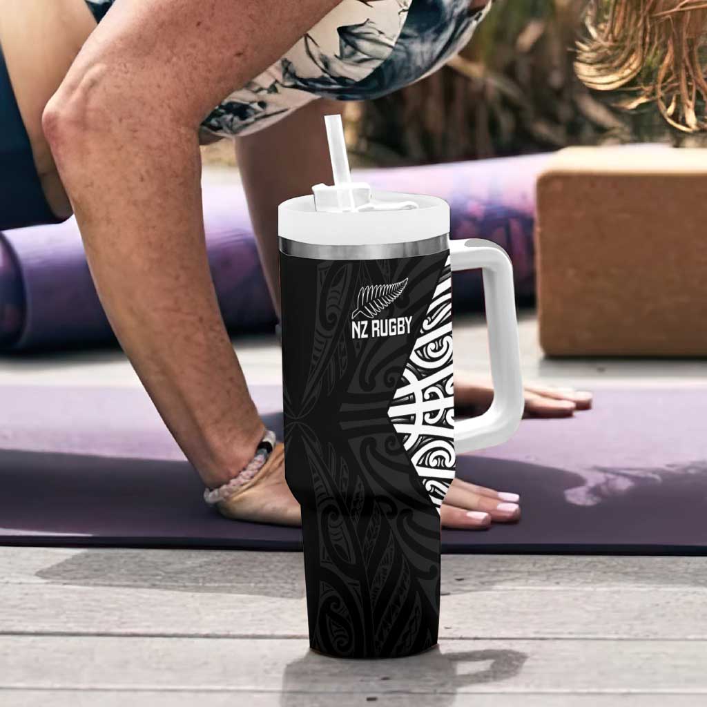 New Zealand Silver Fern Rugby Custom Tumbler With Handle Maori Koru Go Black Fern LT14 - Polynesian Pride