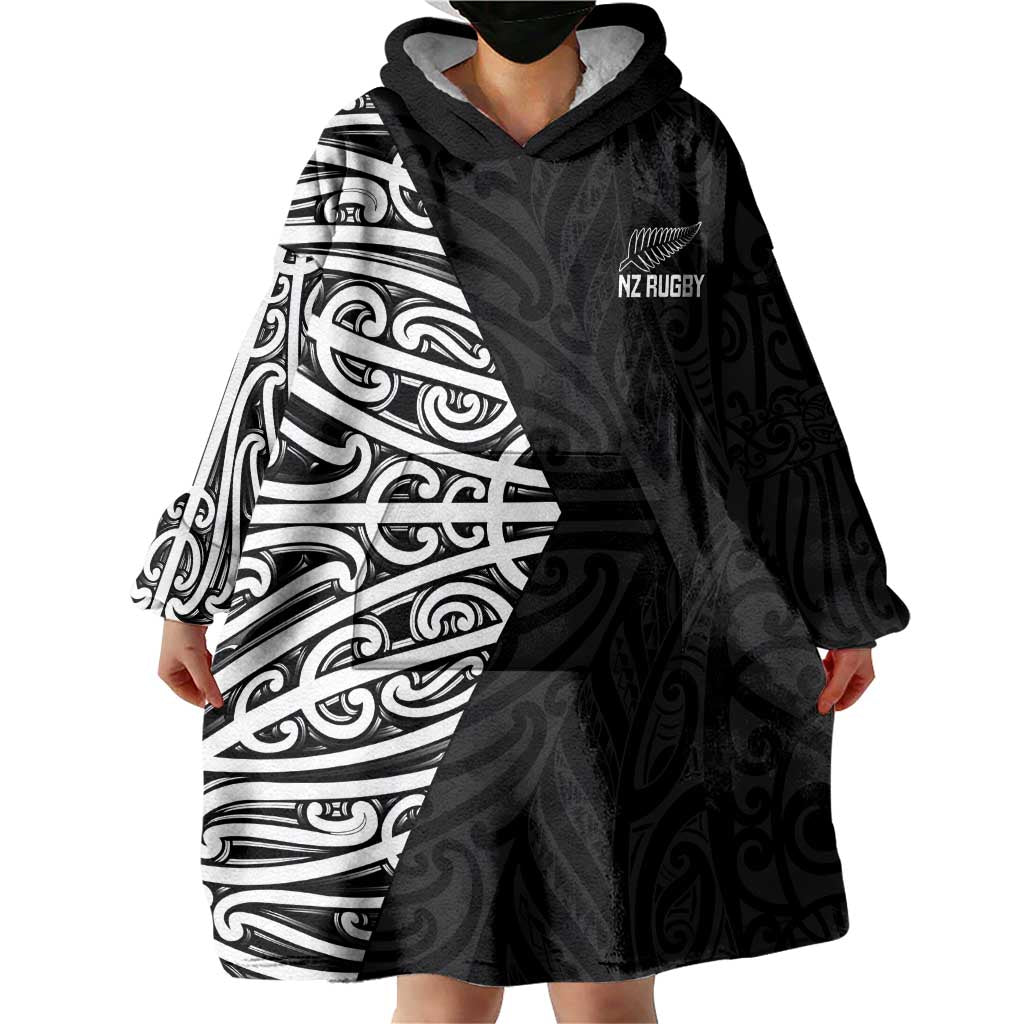 New Zealand Silver Fern Rugby Custom Wearable Blanket Hoodie Maori Koru Go Black Fern LT14 - Polynesian Pride