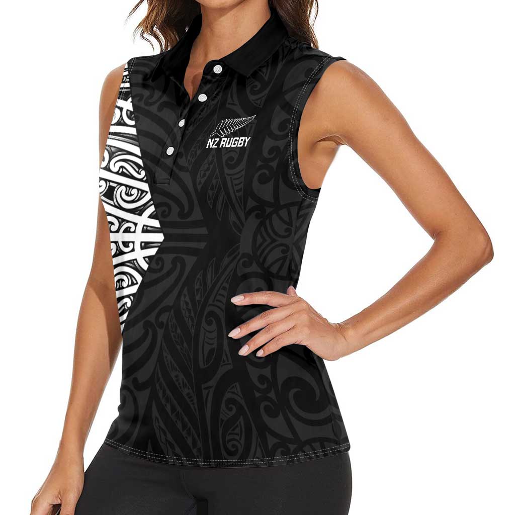 New Zealand Silver Fern Rugby Custom Women Sleeveless Polo Shirt Maori Koru Go Black Fern LT14 - Polynesian Pride